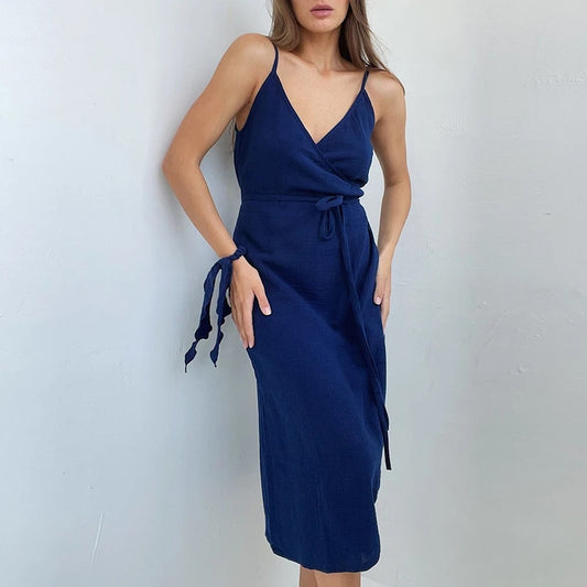 Vintage Women'S Dress 100% Cotton Crepe Gauze V-Neck Sleeveless Bandage Long Ma image 0