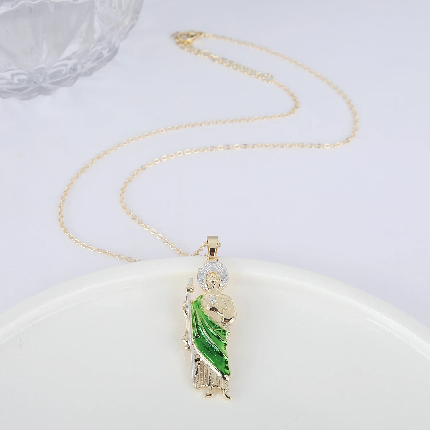 Green Pink Gold Color San Judas Tadeo Pendant Necklace 3 Sizes Gold Necklace fo image 3