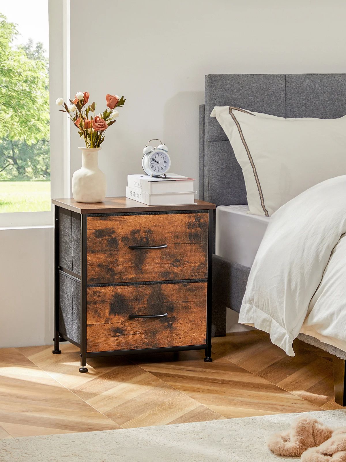 JHK Nightstand For Bedroom With 2 Fabric Drawers Bedside Sofa Table With Storag image 0