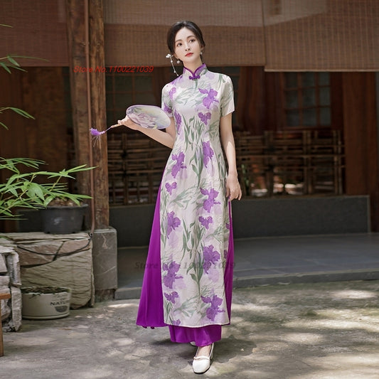 2024 vietnam traditionaldress aodai national flower print cheongsam oriental im image 0