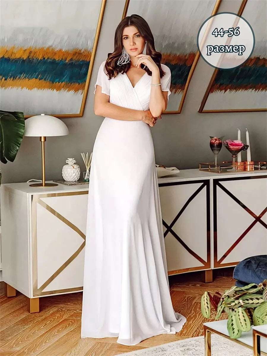 BABYONLINE Double V-Neck Ruffles White Wedding Dress Sleevelses Made with Butte image 0