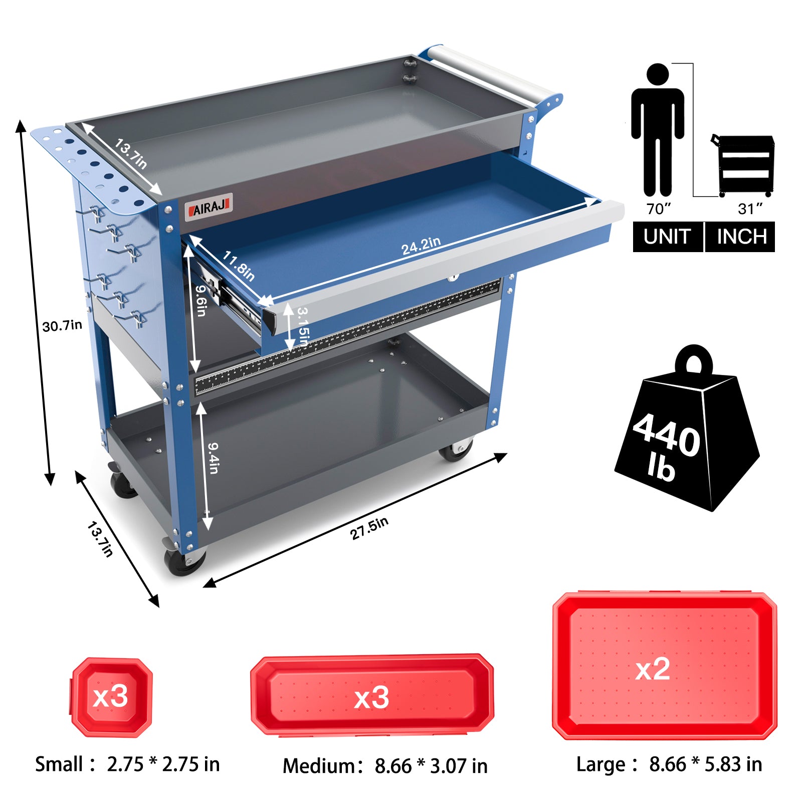 AIRAJ 3 Tier Rolling Tool Cart on Wheels,Metal Heavy Duty Mechanic Cart with Dr image 1