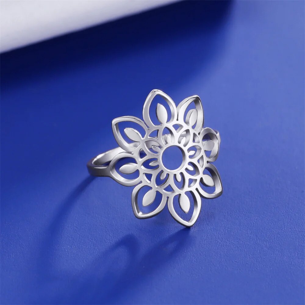 My Shape Lotus Mandala Flower Rings Women Stainless Steel Gold Color Finger Rin image 16