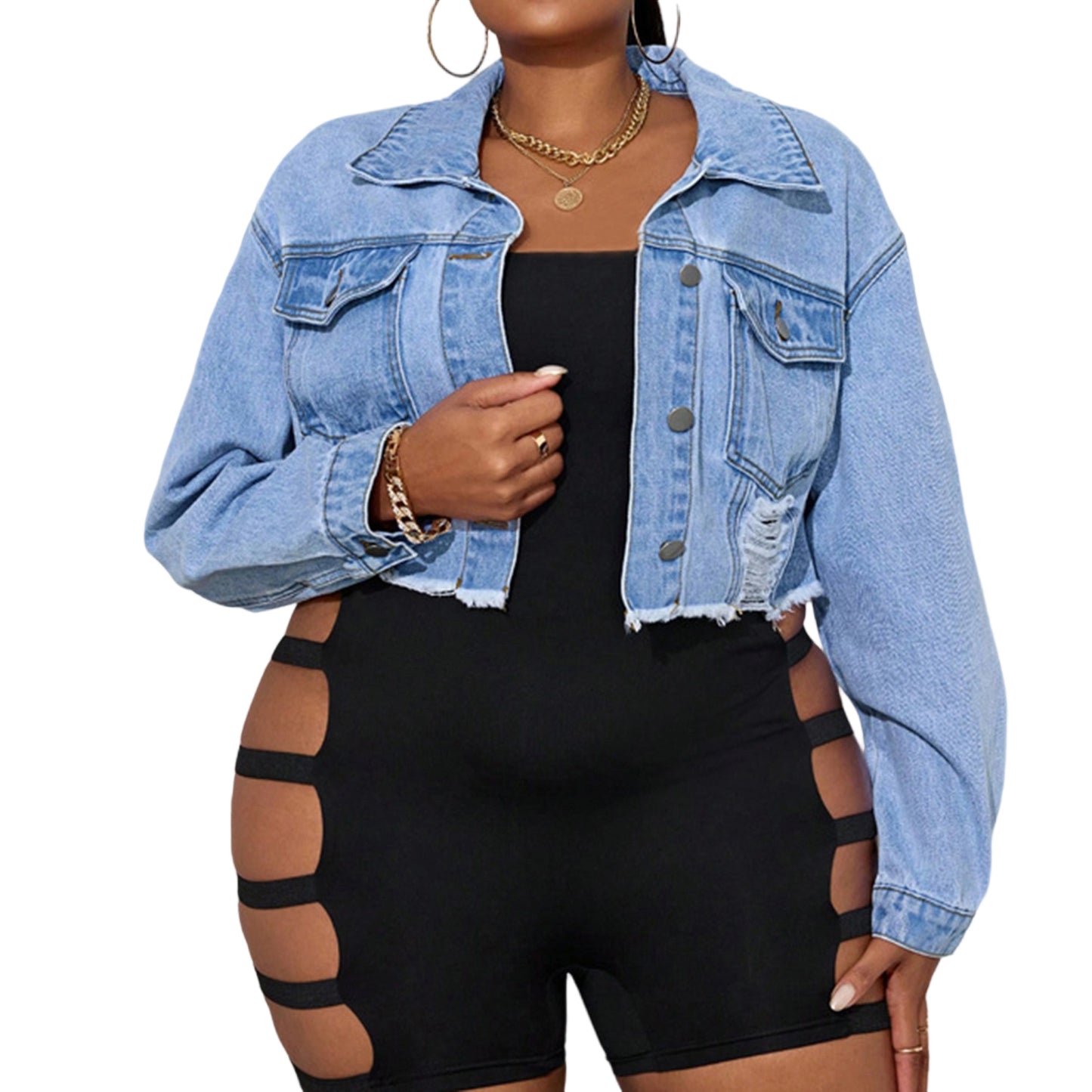 Women s Distressed Cropped Denim Jacket with Frayed Hem and Button Closure - St image 1