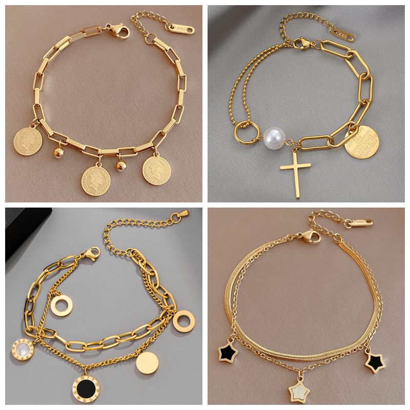 MEYRROYU Stainless Steel Layered Golden Pendant Bracelet For Women Retro image 11