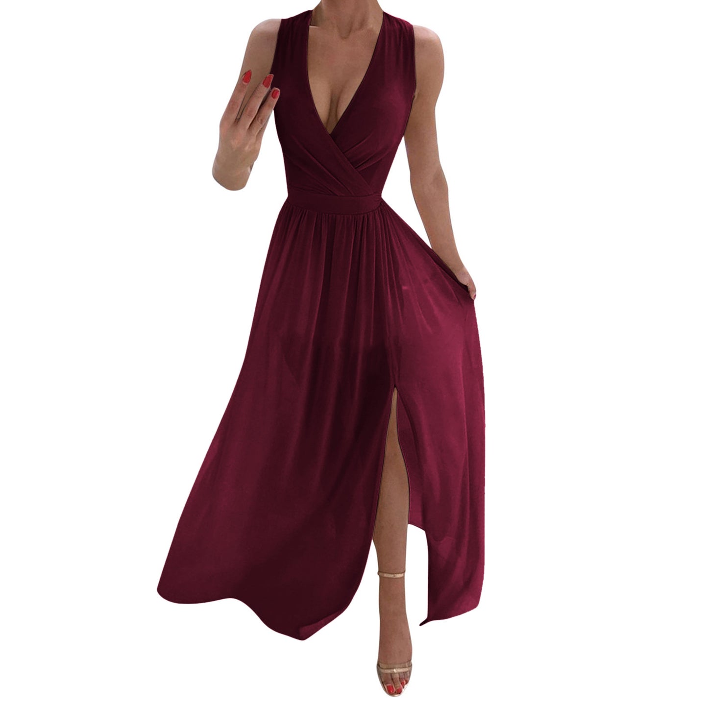 A-Line Waisted Sleeveless White Dress Ladies Deep V Neck Pleated Prom Dresses S image 5