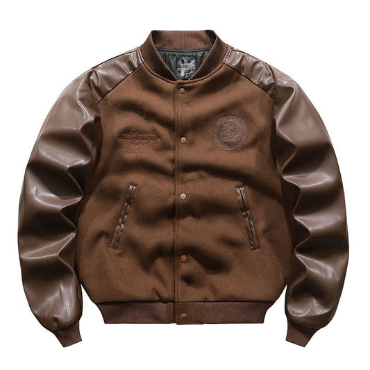 ARENS Techwear Bomber Vintage Leather Woolen Patchwork Pilot Jacket Men Splicin image 0
