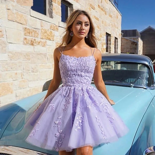 Bealegantom Lace Short Spaghetti Strap Homecoming Dresses A-line Tulle Applique image 0