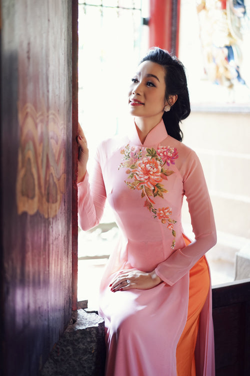 Pink Print Slit Women Aodai Vietnam Clothing Cheongsam Aodai Vietnam Dress Viet image 3