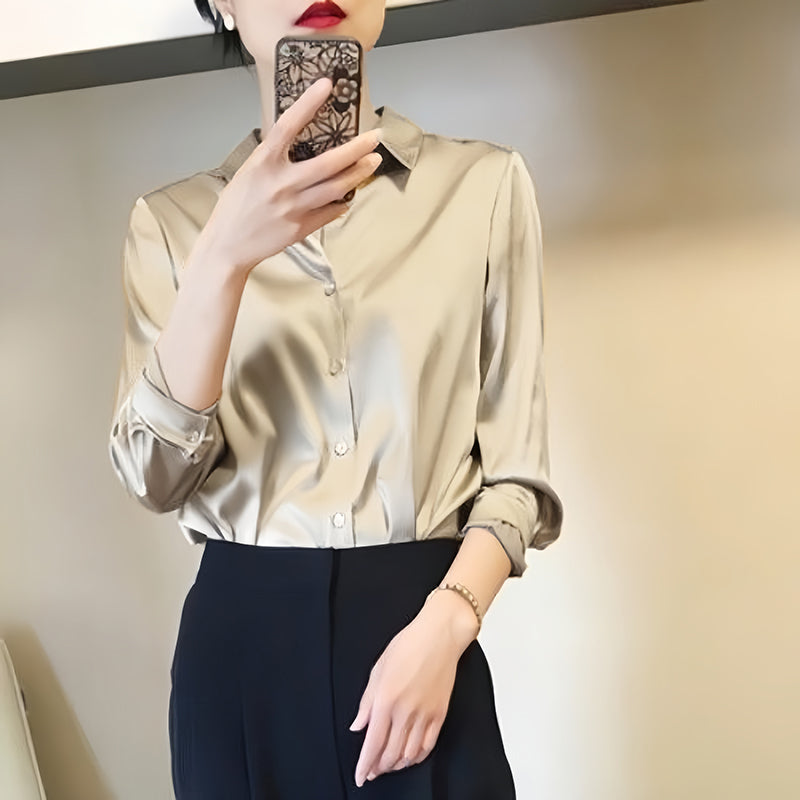 All-match Satin Finish Shirts And Blouses Women Clothing Casual Top OL Long Sle image 6