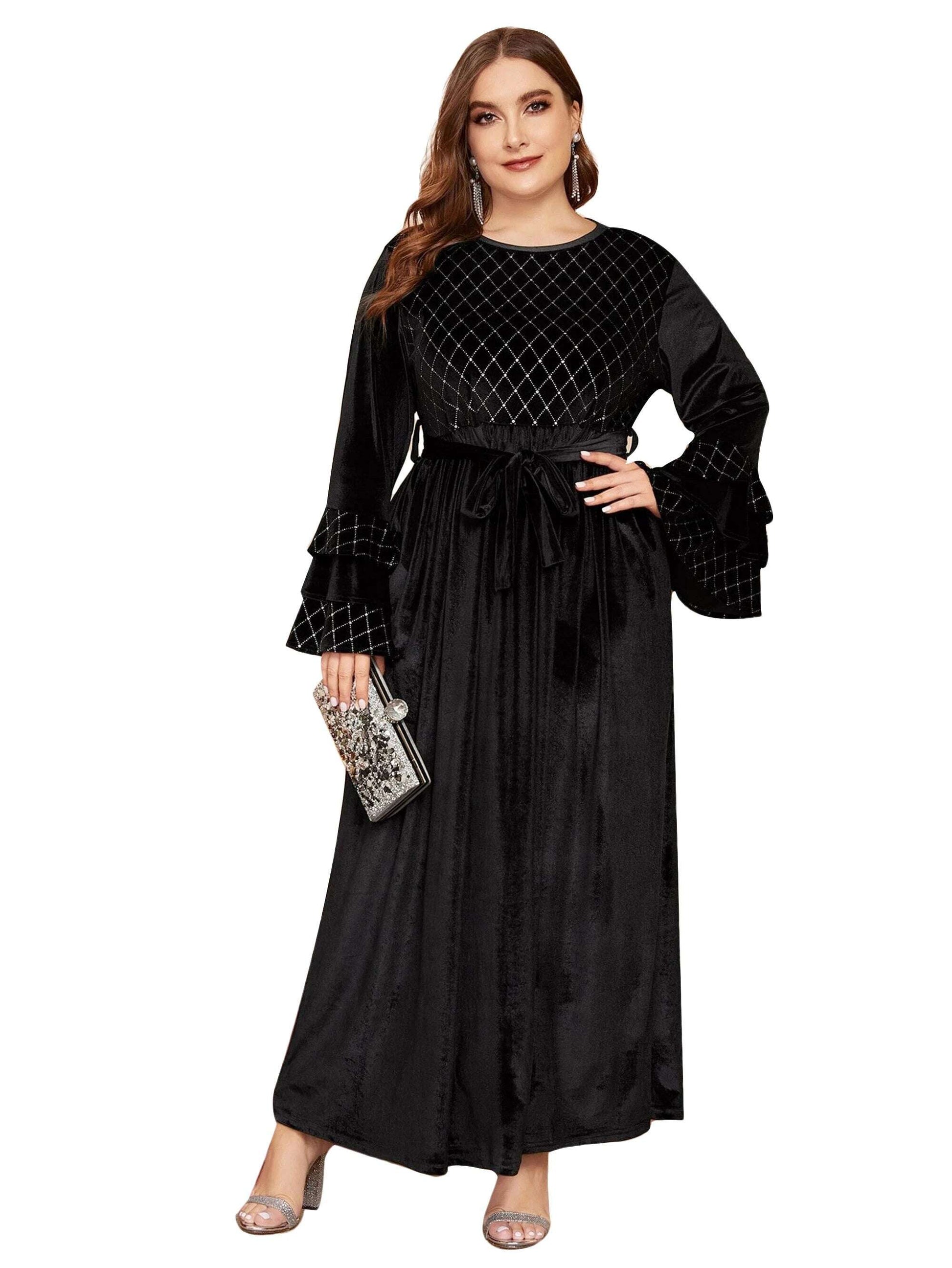 Plus Size Women's Velvet Clothing Winter Bronzing Flare Sleeve Gold Casual Dres image 4