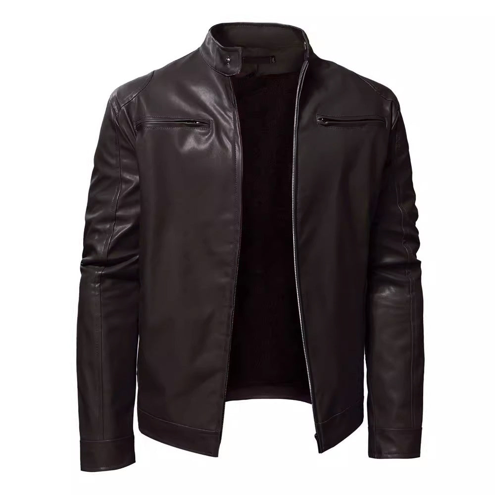 Autumn Mens Stand Collar Jacket Coat Black Leather Motorcycle Jacket Solid Colo image 0