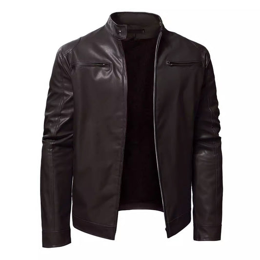 Autumn Mens Stand Collar Jacket Coat Black Leather Motorcycle Jacket Solid Colo image 0
