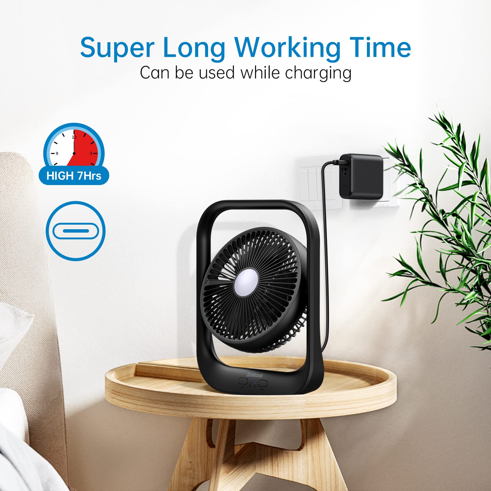 USB Rechargeable Fan with LED Night Light, 3 Speeds Portable Desk Fan,3600mah 1 image 3
