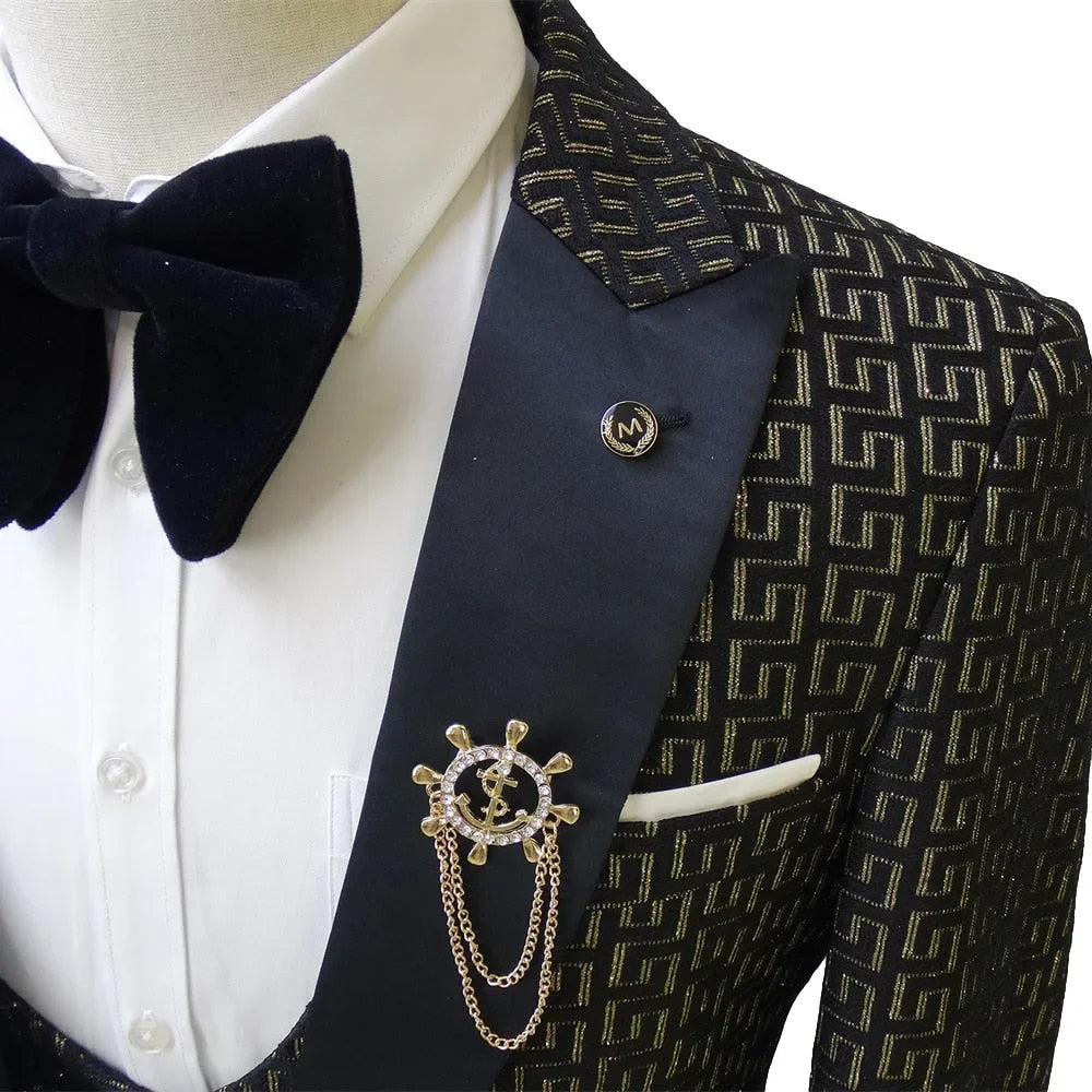 Black and White Men's Suit 3-piece Gold Palace Print Road Wedding Costume Men C image 2