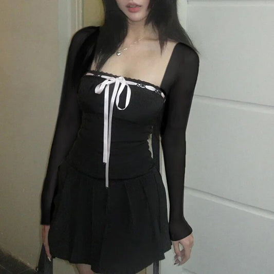 Women Sweet Lace Trim Bow Pleated Dress Mini Coquette Korean Fashion Square Nec image 0