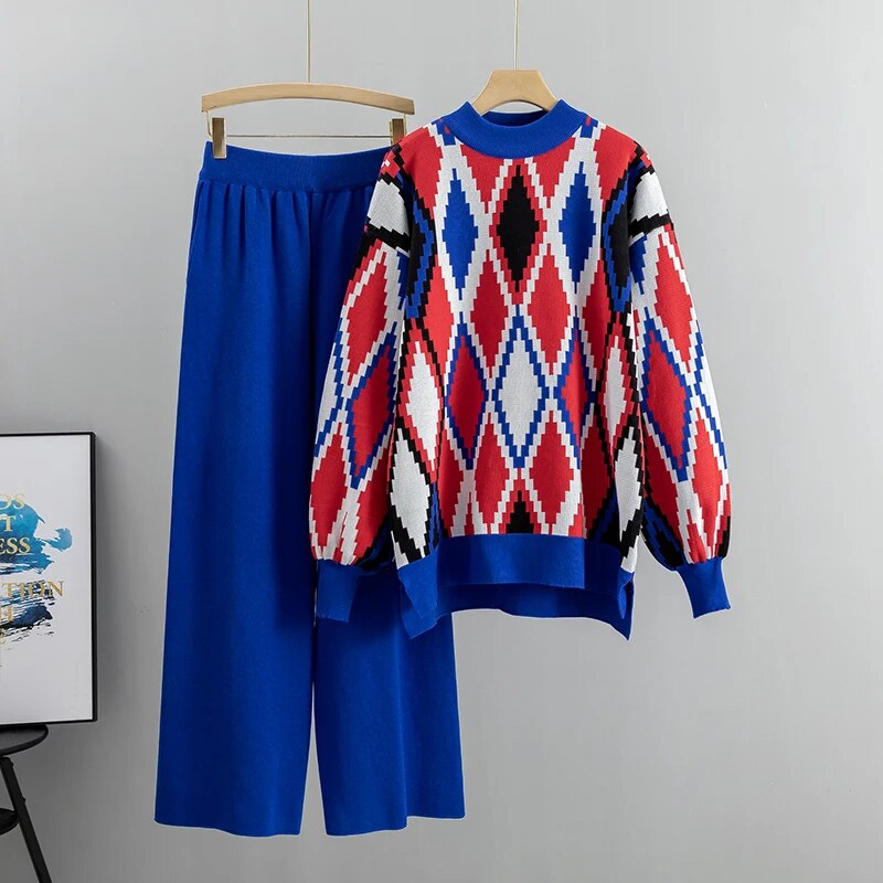 Loose Knitted Two Piece Women Sets Casual Loungewear Knit Sweater Pants Suit Wi image 1
