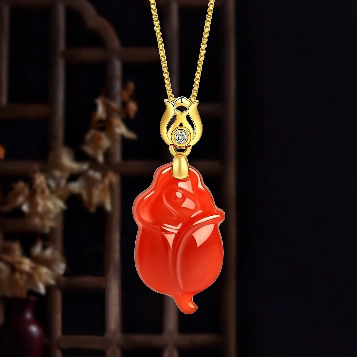Real 18k Gold Necklace Natural Red Agate Pendant Pure AU750 Fine Jewelry Weddin image 0
