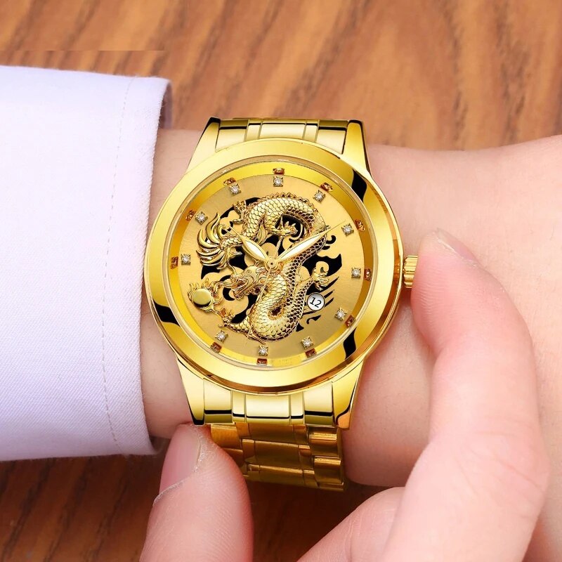 Fashion Men's Watch Chinese Dragon Golden Watch Stainless Steel Calendar Quartz image 3