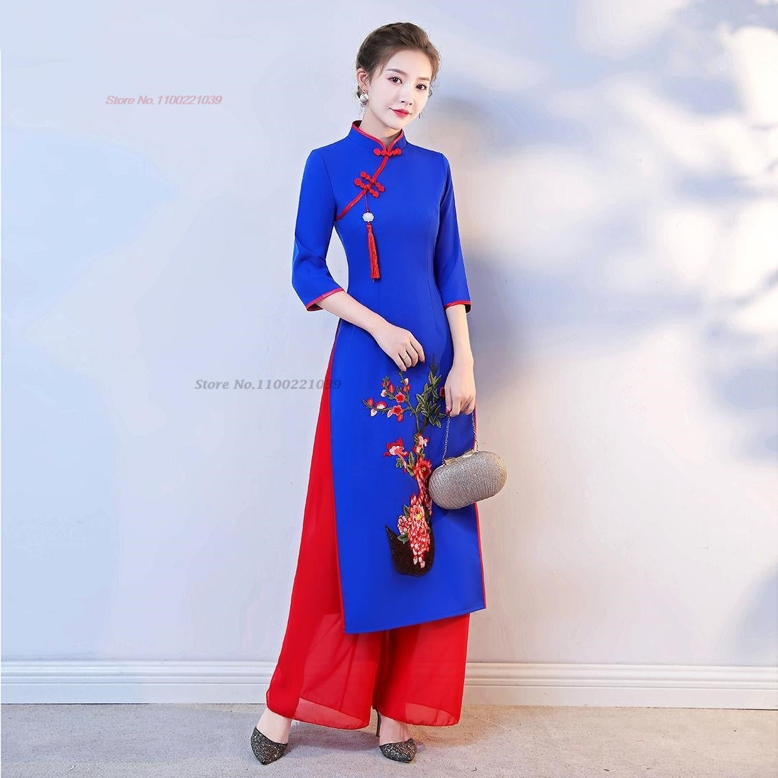 2024 ao dai cheongsam dress oriental qipao dress+pants set vietnam vintage flow image 2