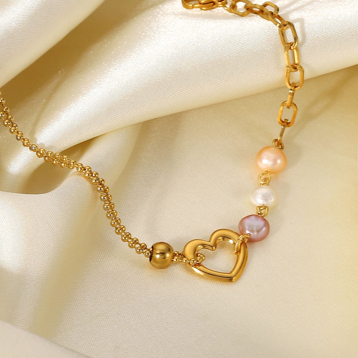 Stainless Steel PVD 18K Gold Plated Tarnish Waterproof Natural Pearl Heart Brac image 6