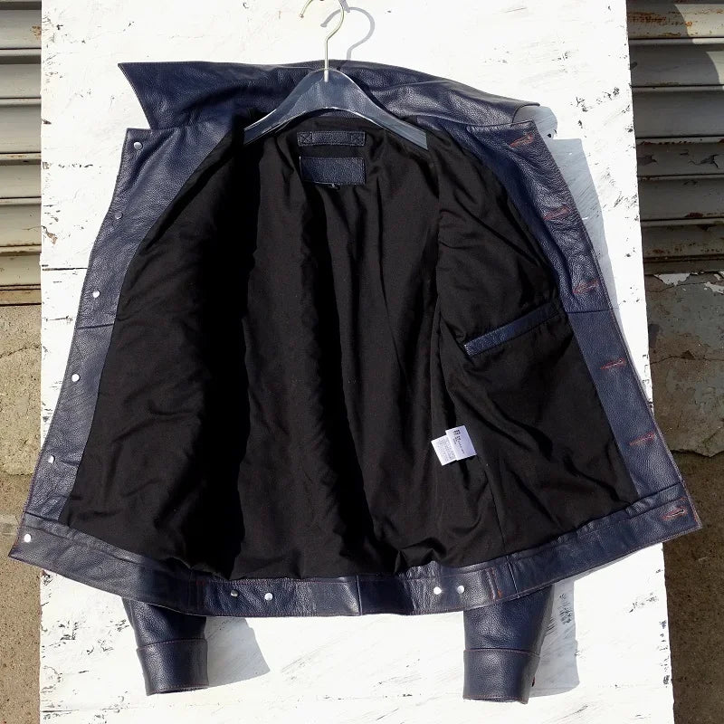 YR!Free shipping.Cuero Super slim blue genuine leather jacket.men classic casua image 4