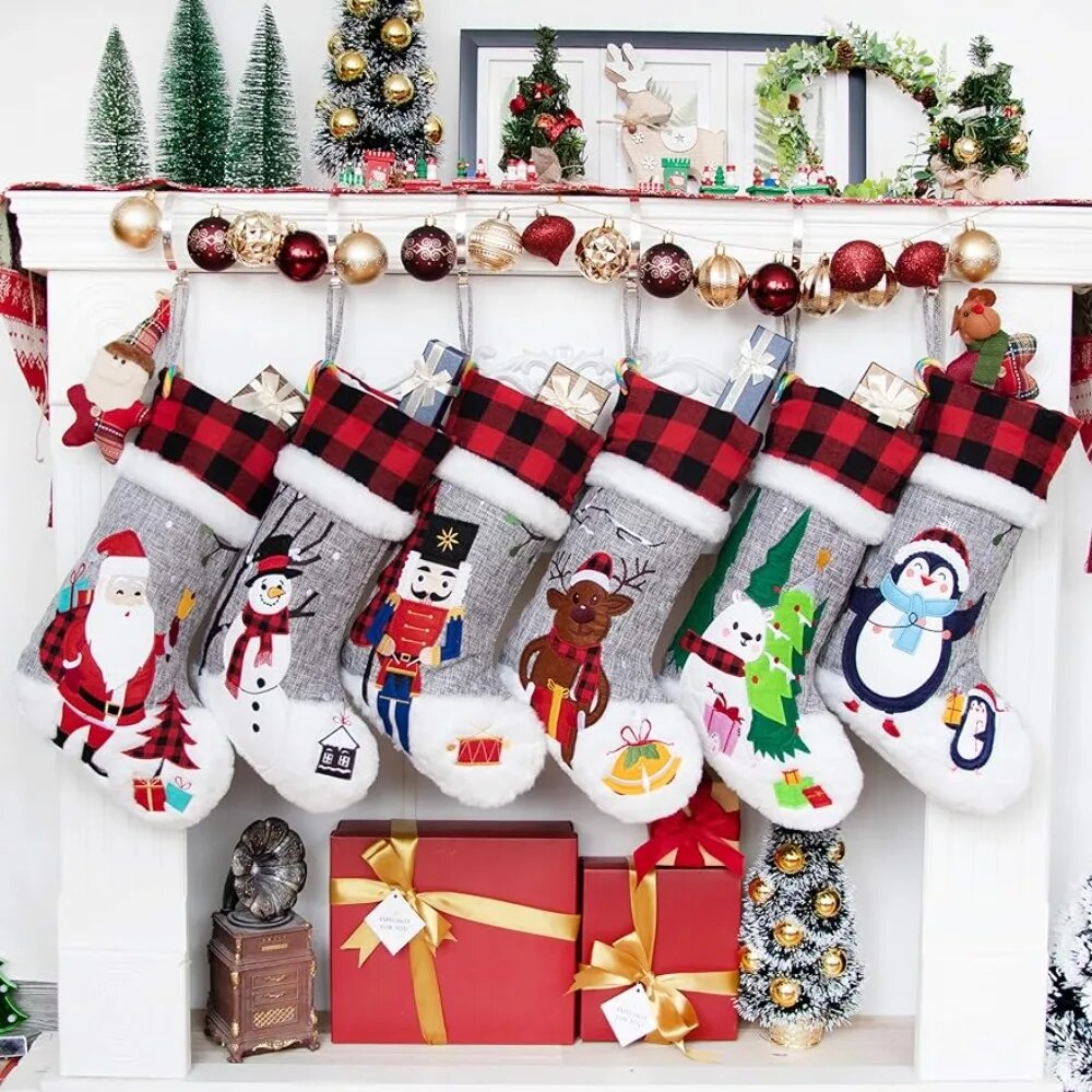 Set of 6 Christmas Stockings Gray Burlap Buffalo Red Plaid Soft Faux Fur 20 Inc image 0