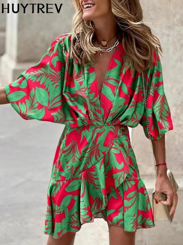 spring Irregular Mini Dress For Women Fashion Print Casual Bohemia Style Vacati image 0