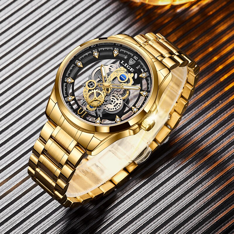 New Men Watch Skeleton Quartz Wristwatch Gold Skeleton Retro Man Watch Top Bran image 7