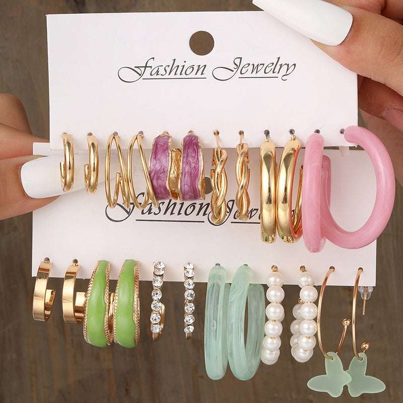Boho Resin Colorful Earrings Set For Women Pearl Butterfly Gold Color Metal Cir image 19