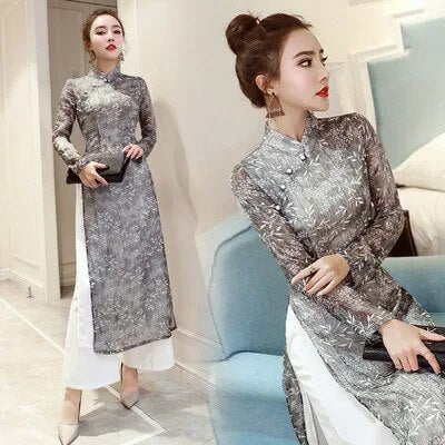 2022 vietnam aodai cheongsam set for women traditional chinese chiffon robe lad image 0