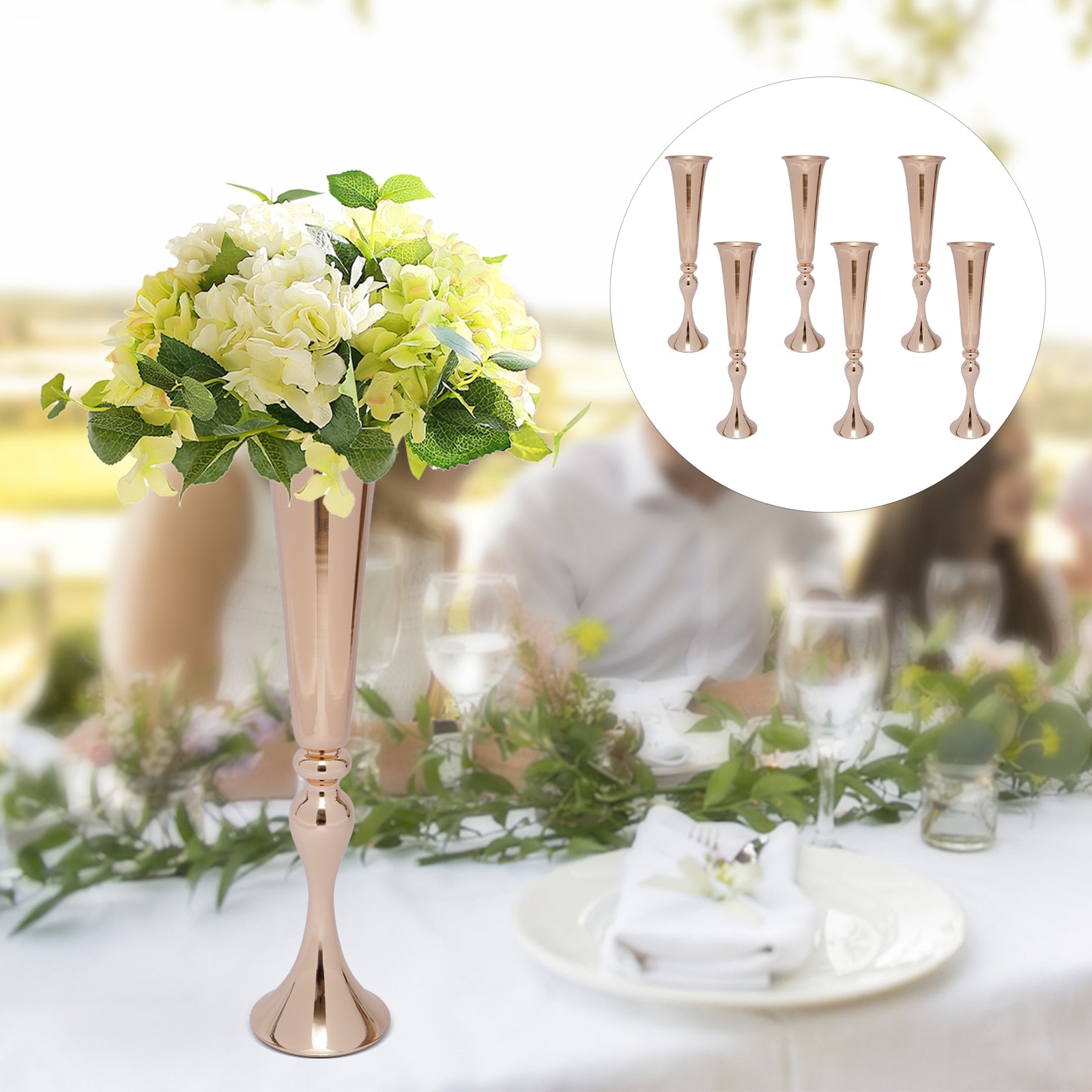 6Pcs Metal Trumpet Vases Desktop Metal Large and Tall Vases Flower Holder Gold image 4
