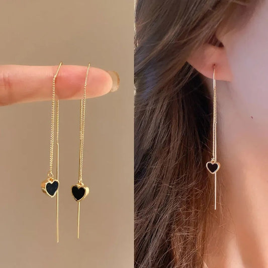 Black Heart Ear Line Long Hanging Earrings for Women Gold Color Ear Wire Pierci image 0