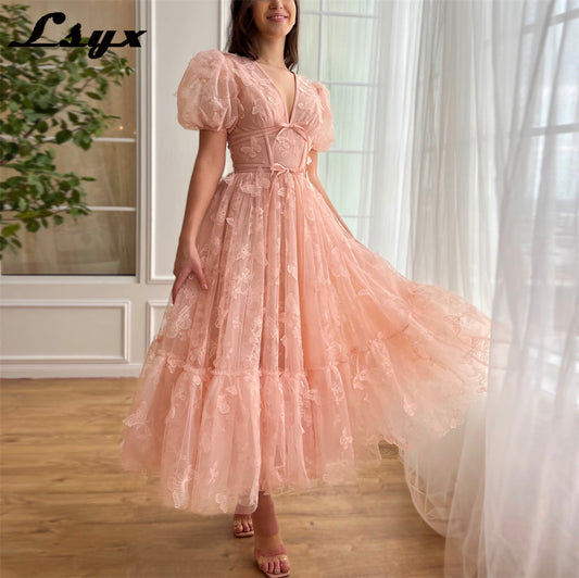 LSYX Above Knee Short Sleeves Butterflies Homecoming Dresses 2024 Tulle V Neck  image 0