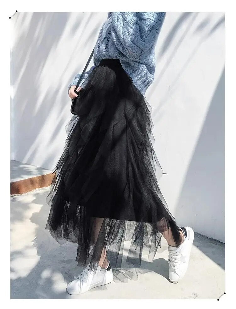 Tutu Tulle Long Maxi Skirt Women Fashion Korean Cute Pink High Waist Pleated Sk image 3