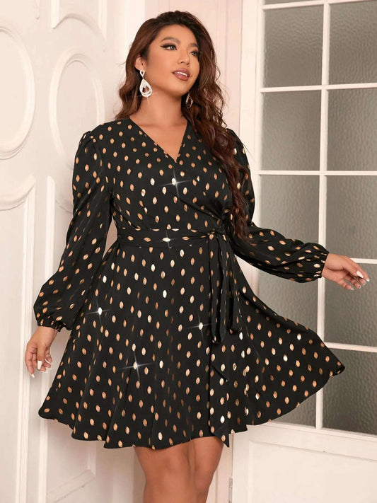 Finjani Plus Size Women's Dress Gold Print Surplice Neck Lantern Sleeve Belted image 0