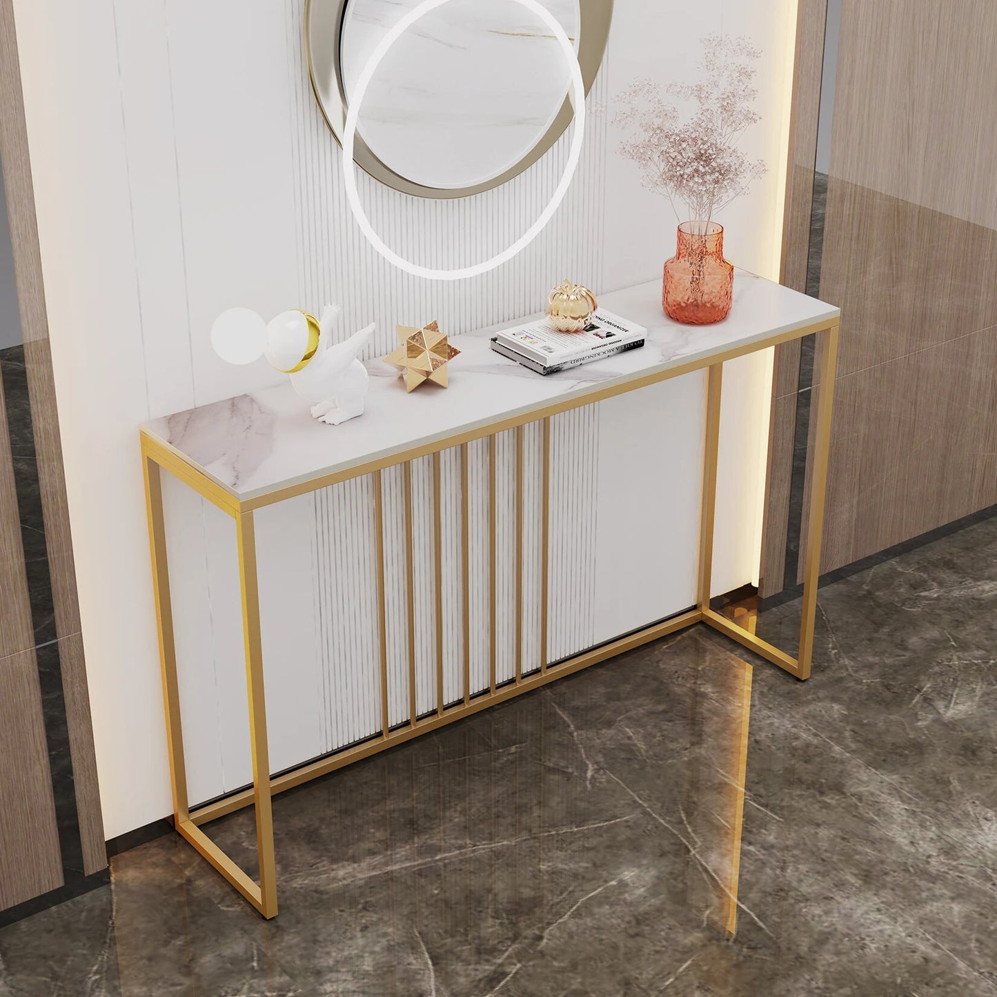 47.2" Extra Long Console Table Sintered Top Gold Metal Leg Sofa Table for Hallw image 2