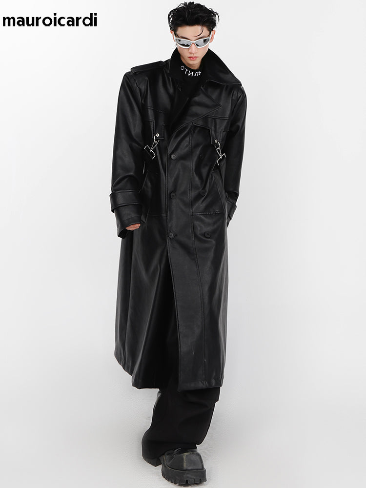 Mauroicardi Spring Autumn Oversized Cool Long Black Brown Pu Leather Trench Coa image 1