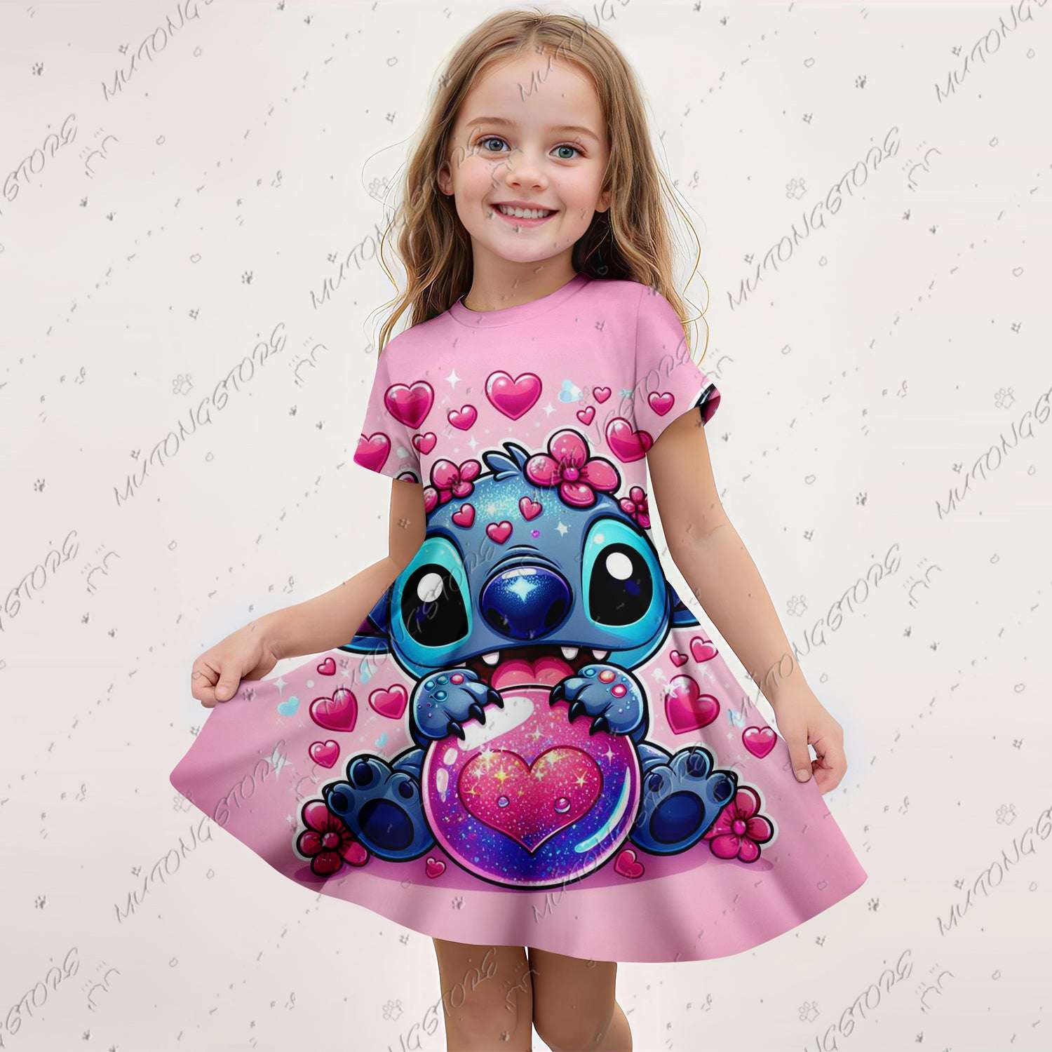 2024 Summer Girls Gift Short Sleeve Dress Original Cute Stitch 3d Print Kids Sk image 3