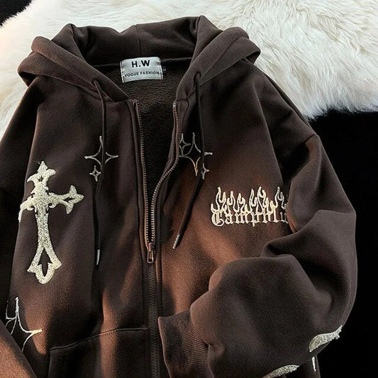 Gothic Embroidery Retro Hoodies Women Harajuku Long Sleeve Zip Up Loose Hooded image 0