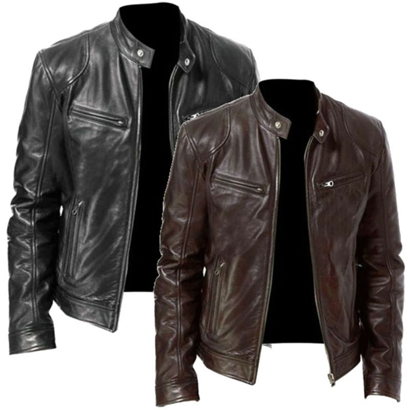 2023 Mens Fashion Leather Jacket Slim Fit Stand Collar PU Jacket Male Anti-wind image 7