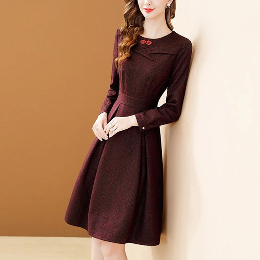 EVNISI Wine Woolen Elegant Dress Women  Autumn Winter Pleated O-neck A-line Lon image 0