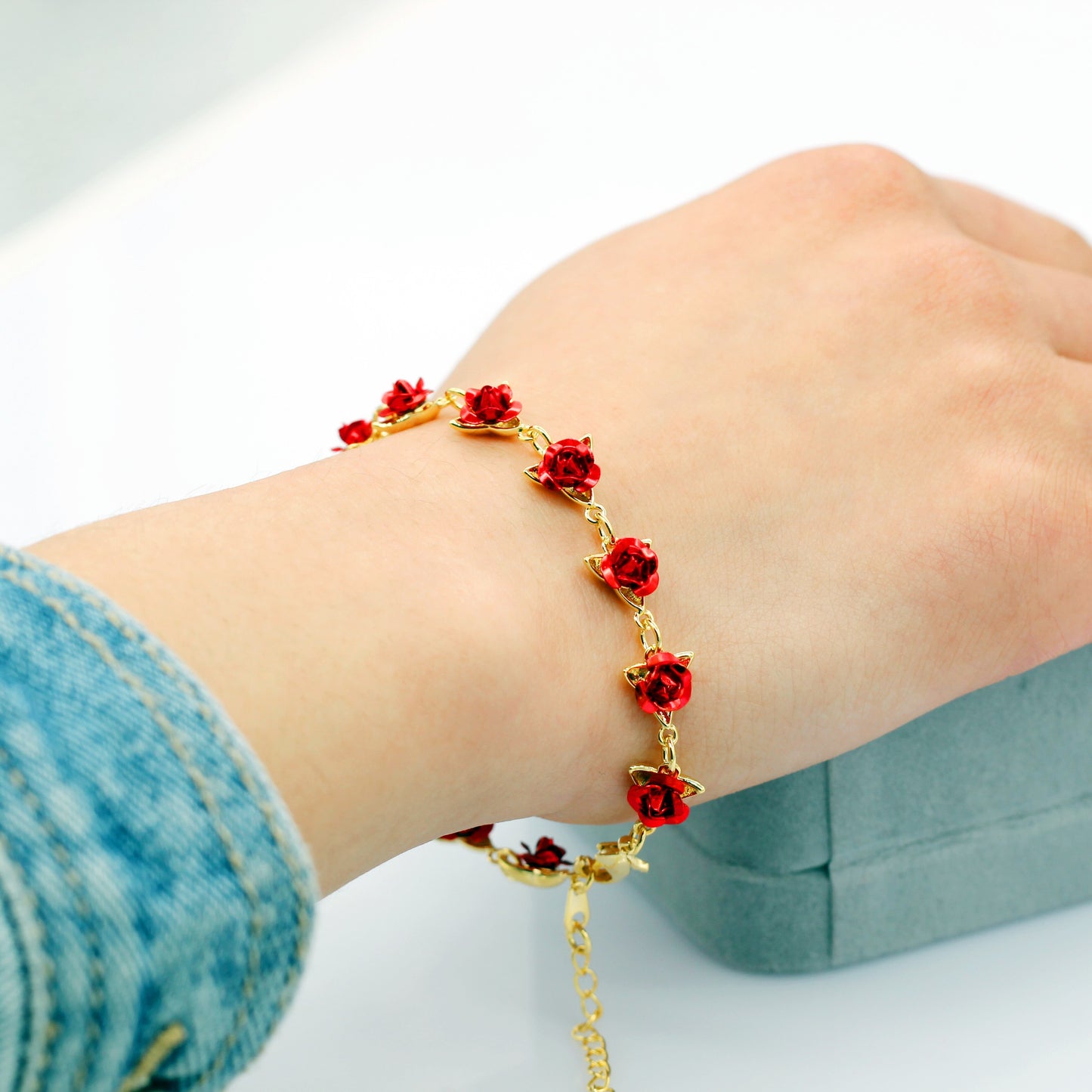 Uloveido Cute Red Rose Flower Charm Bracelet for Women Girls 18K Gold Plated image 11