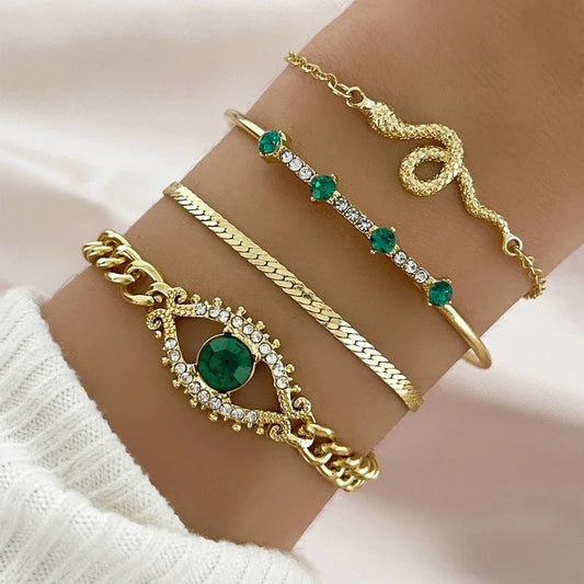 New Fashion Green Crystal Eye Heart Bracelets for Women Vintage Gold Color Snak image 0