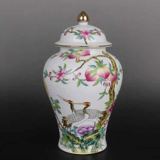 White Chinese Lidded Vase Crane Longevity Peach Chinese Vase With Peaches Gold  image 0