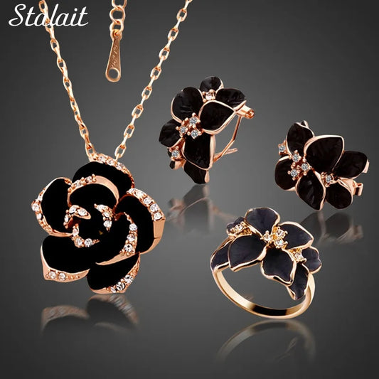 Fashion Rose Flower Enamel Jewelry Set Rose Gold Color Black Bridal Jewelry Set image 0