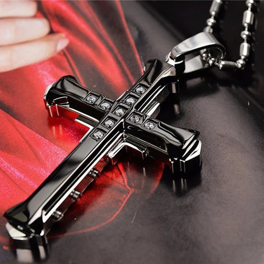 2024 New Male Crystal Cross Jesus Pendant Gold/Black/Blue Color Zirconia   Neck image 0