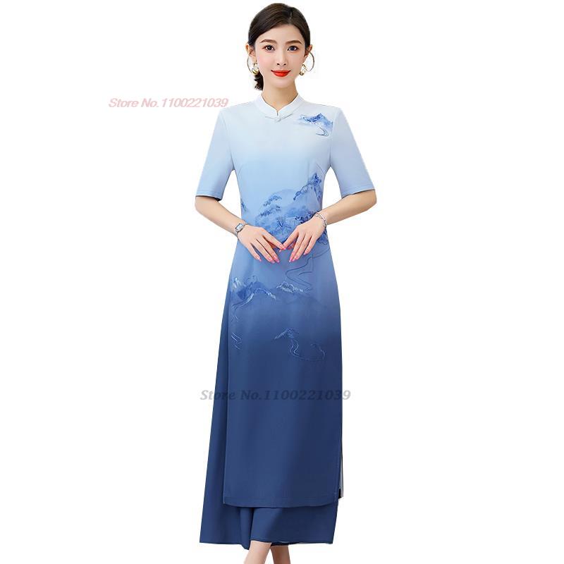 2024 vietnam aodai dress women national gradient color dress+pants set flower p image 4