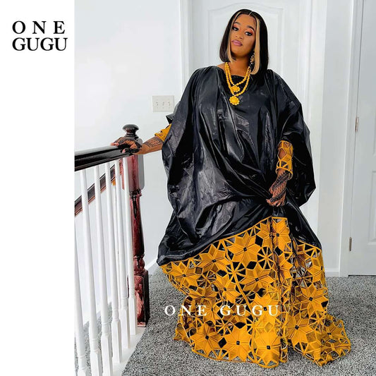 African Women Bazin Boubou With Embroidery And Stones Black Color Wedding Basin image 0