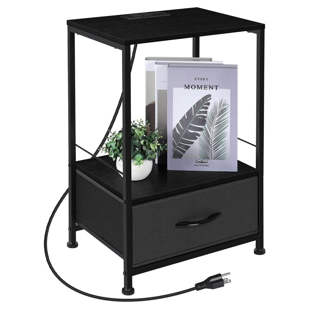 Nightstand with Charging Station Side End Table Fabric Sliding Storage Drawer B image 1